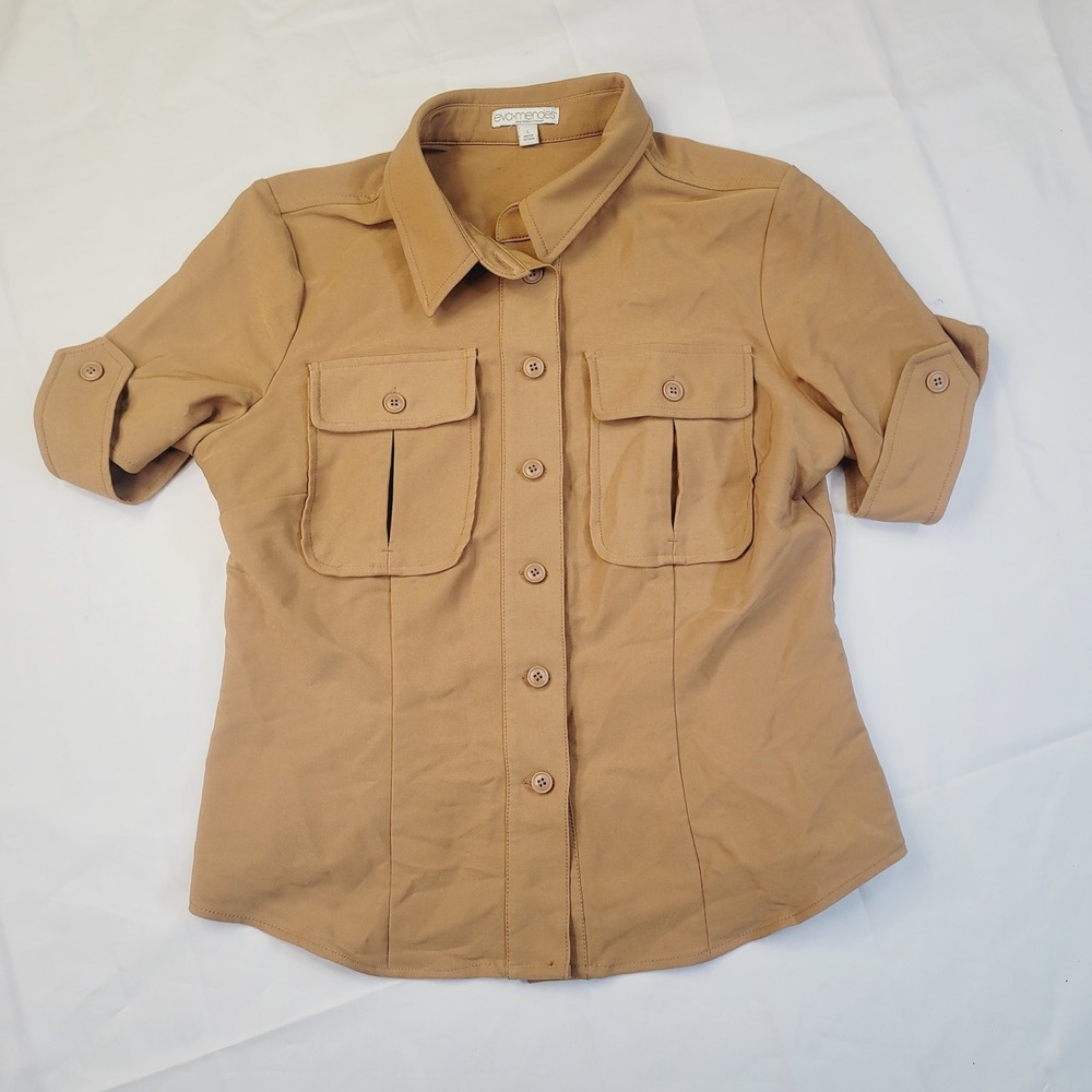 Eva Mendes Womens Utility Button Down Shirt Large Tan Safari Short Sleeve Pocket